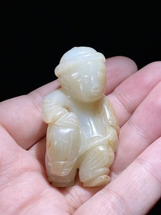 和田玉籽料|明 和田玉籽料 白玉 骑马童子 把件挂件