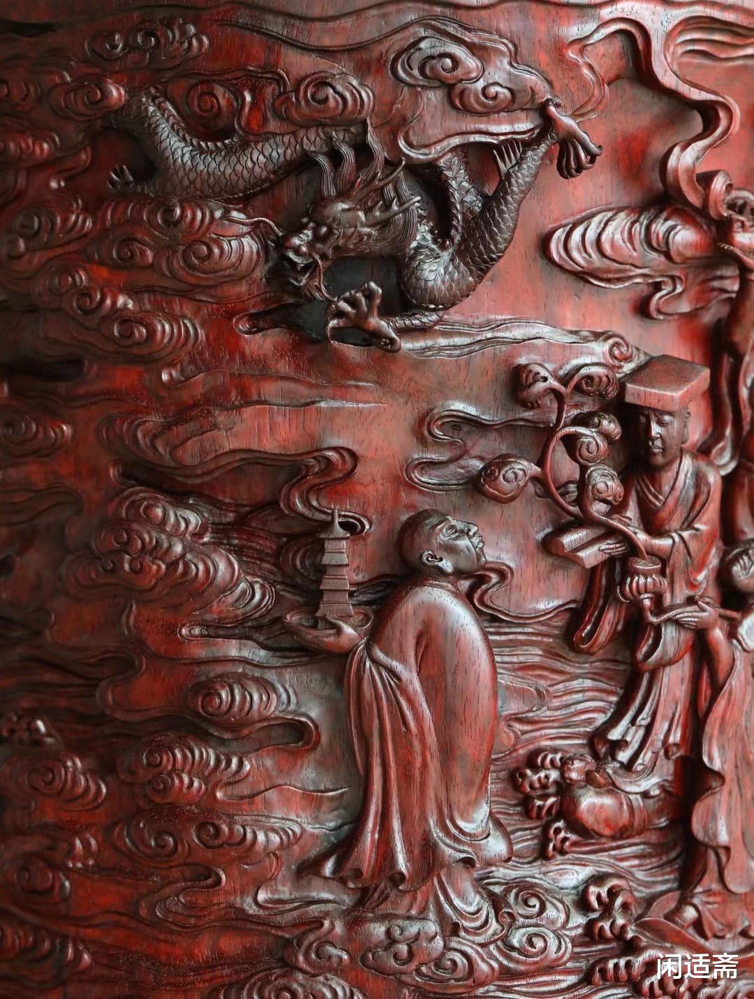 笔筒|文房珍品，名家王雅清手工复刻，小叶紫檀十八罗汉大笔筒