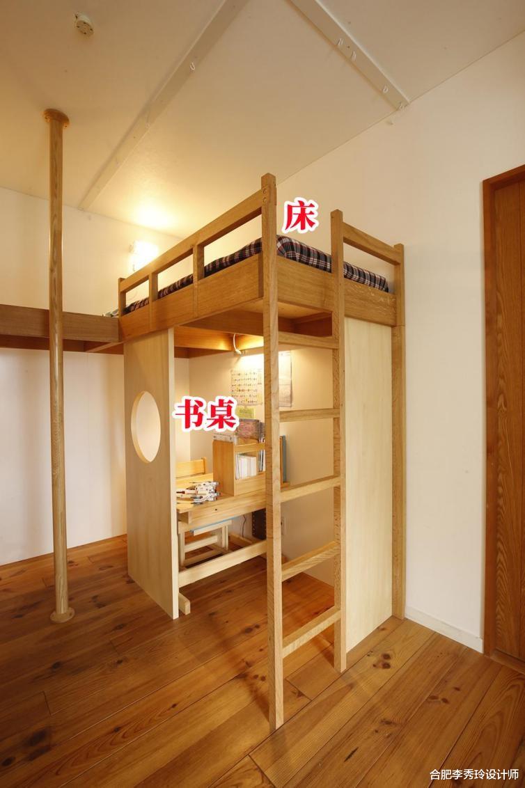 一间儿童房,双床都抬高,又架出来2个学习区,2个孩子住也不挤
