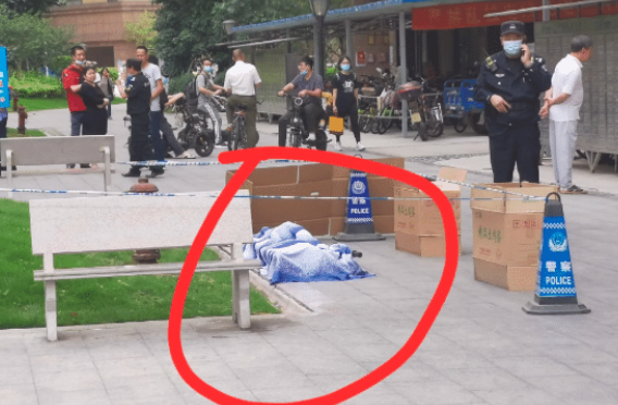 三十秒社汇 广东某个小区内有人从高楼坠楼身亡，其现场画面曝光，尸体被盖上蓝布