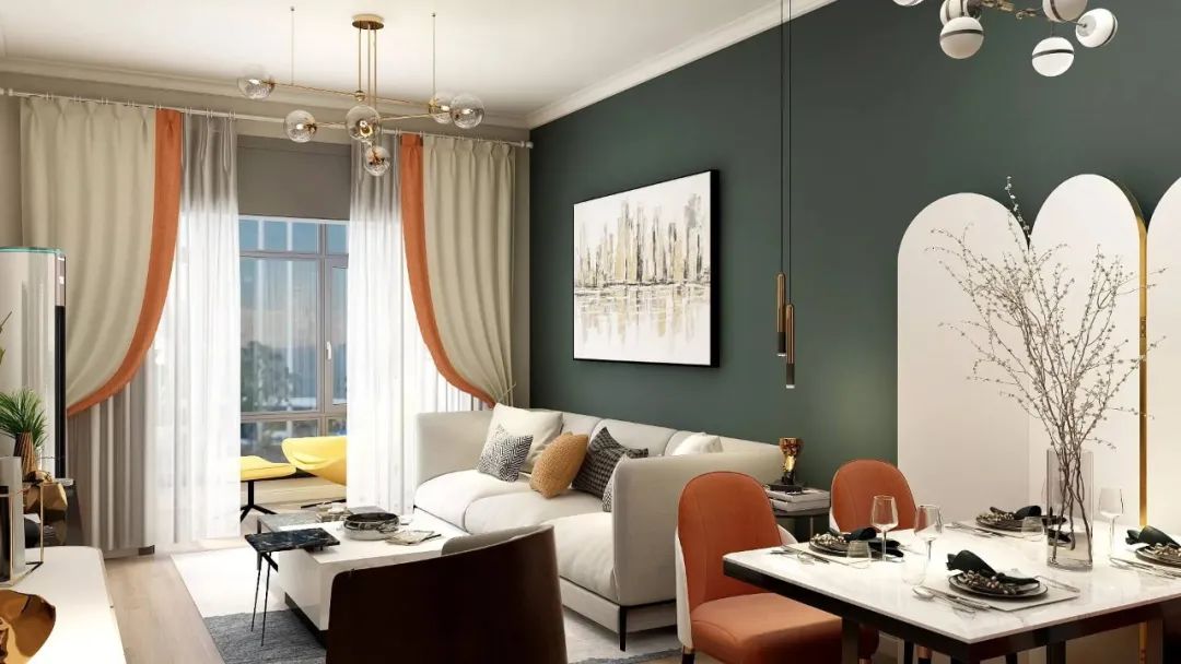 爱空间|复古墨绿+明亮橘橙，他用了33天，让77m2毛胚房满是艺术感