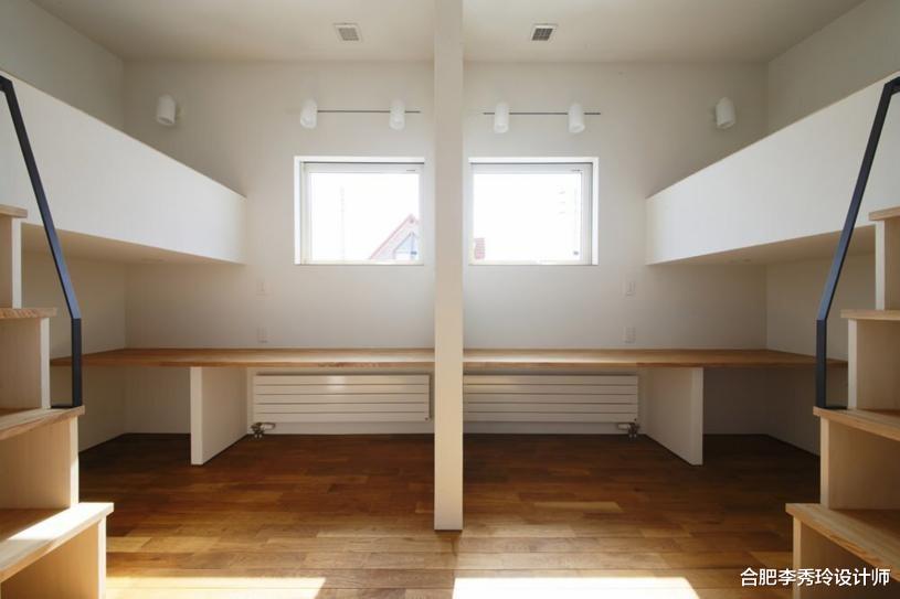 一间儿童房,双床都抬高,又架出来2个学习区,2个孩子住也不挤