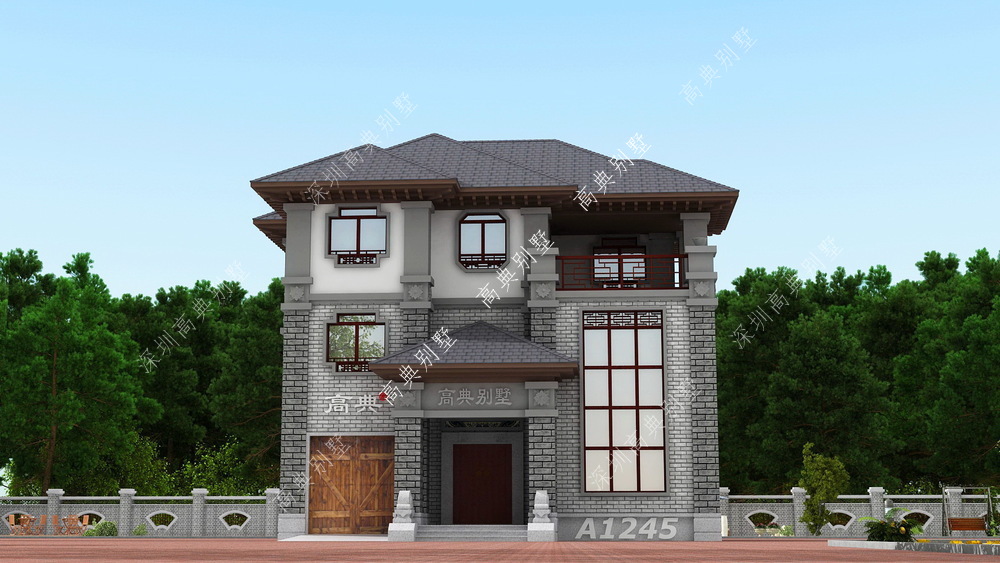 中式三层别墅，户型方正，四面通风，采光极佳。