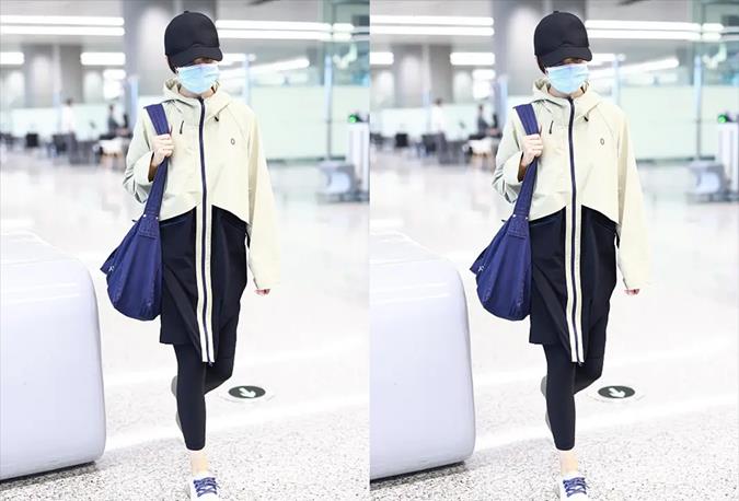 方脸妹说时尚|44岁袁泉近照快瘦成麻杆，穿连帽夹克配打底裤走机场，目测就80斤