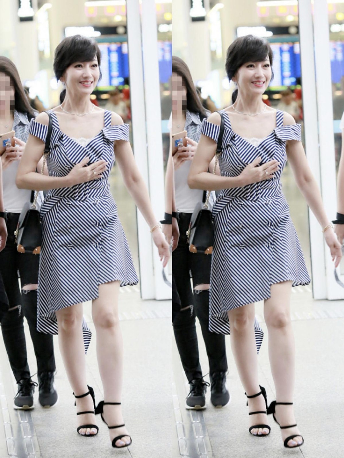 白小白的衣橱|赵雅芝真是“逆龄”的代表,穿条纹裙秀“冰棒腿”,看不出赘肉