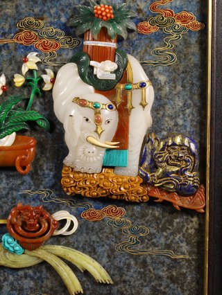 青金石|清代,青金石嵌百宝清供纹太平有象描金山水风景插屏