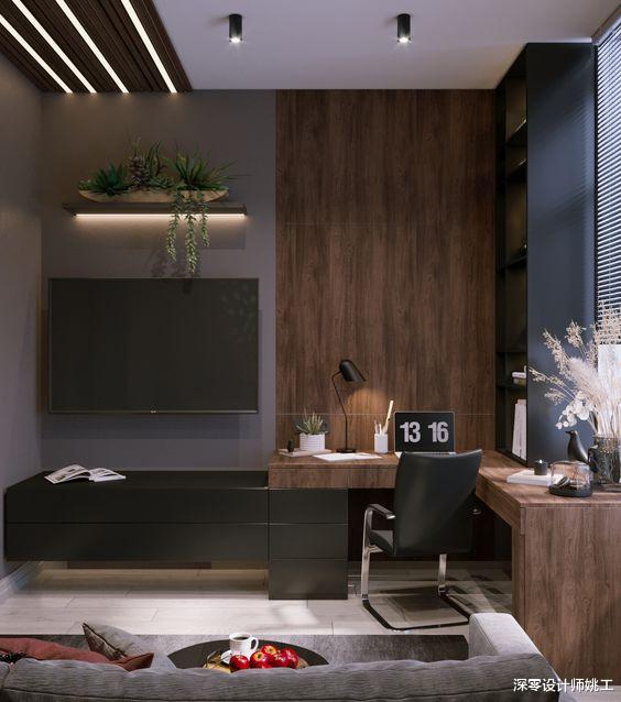 谁说空间小就不能有书桌，电视柜连着书桌做L型，也能实现学习办公区