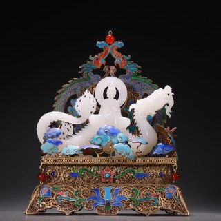 |旧藏 银鎏金镶和田玉御龙观音摆件