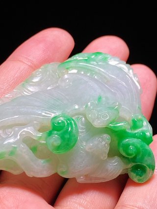 邮票|清中期 老坑翡翠飘绿 福寿如意 云福纹 把件 纸镇