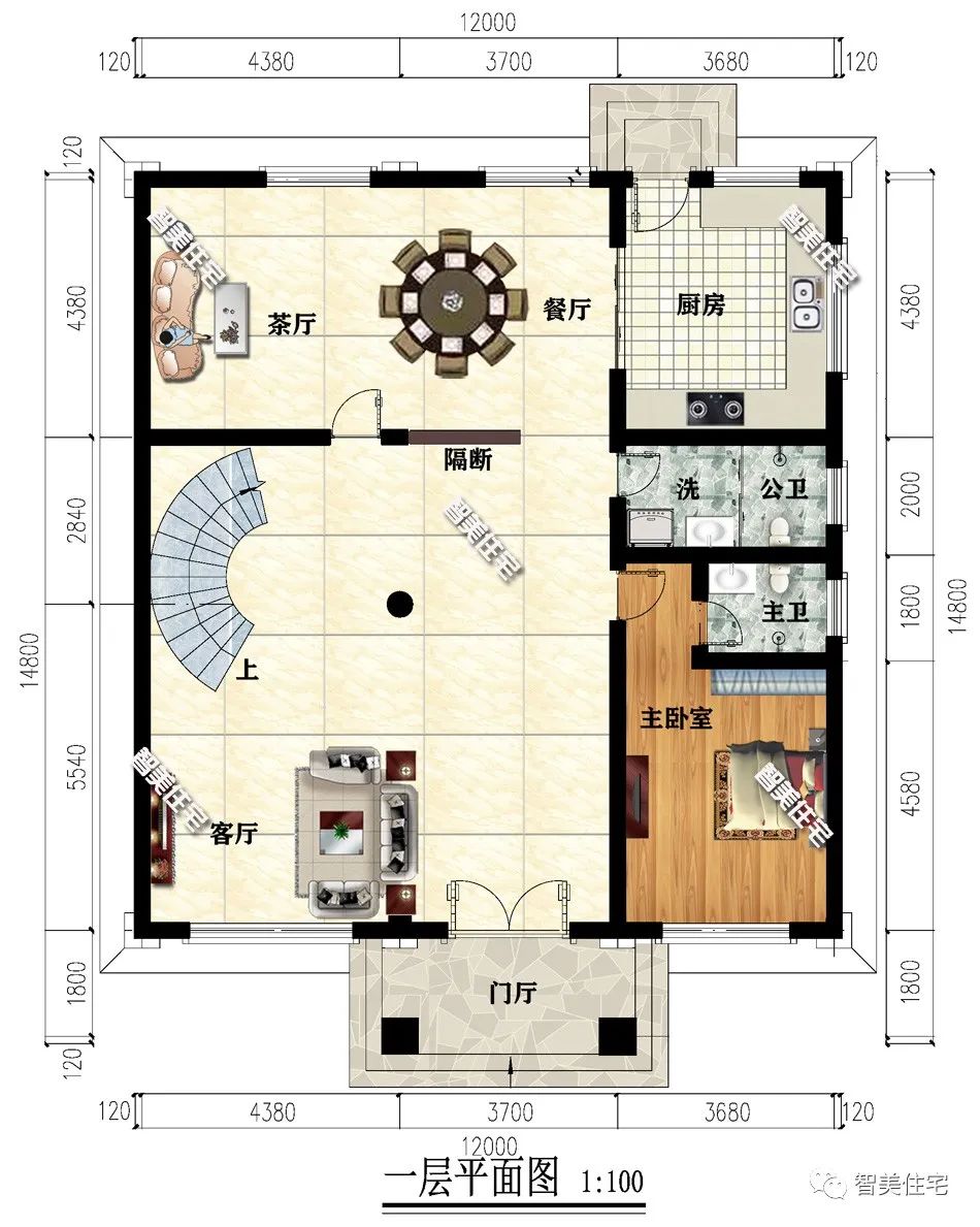 面宽12米的新中式住宅,客厅挑空设计,旋转楼梯谁又不爱呢?