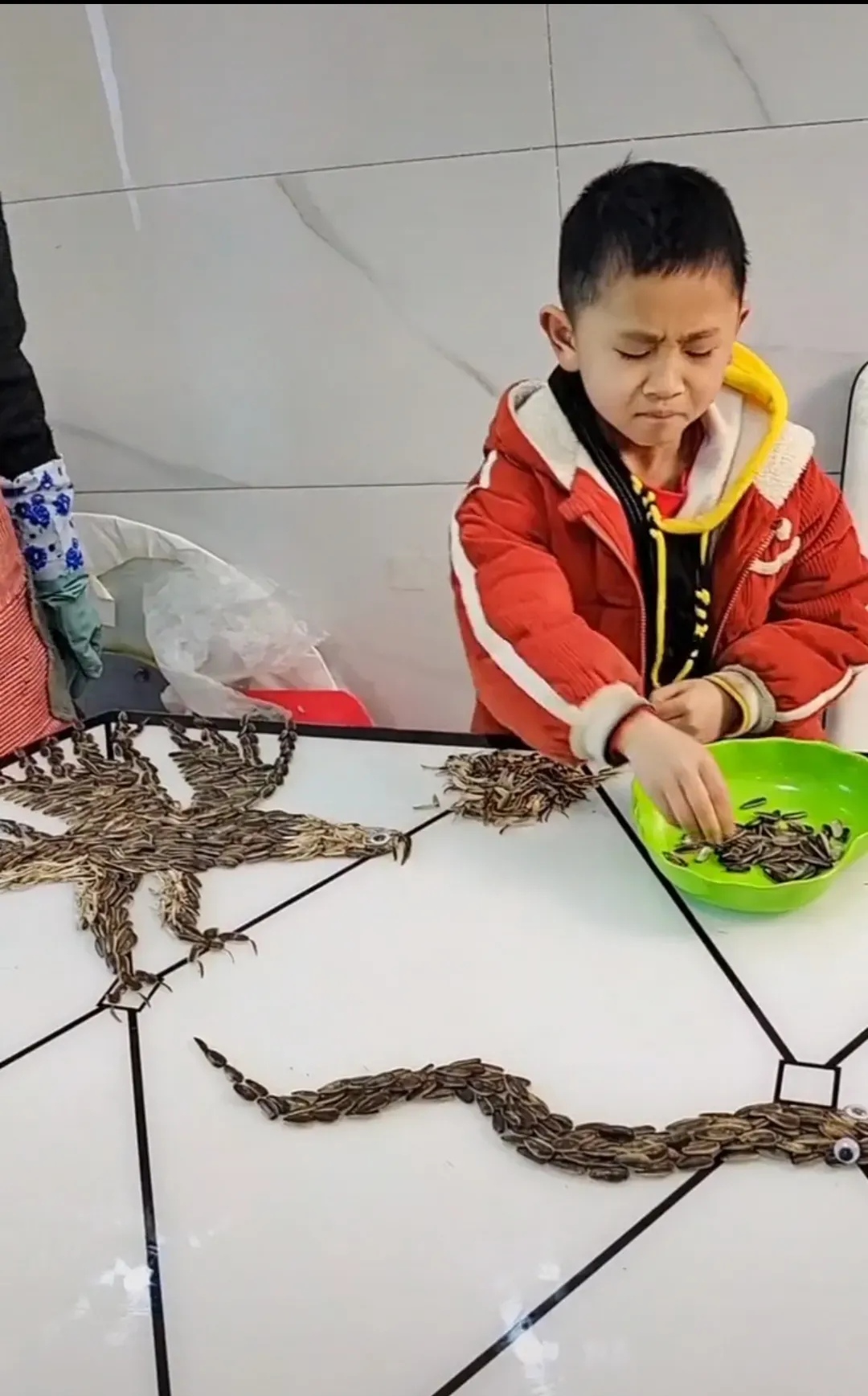 牧风芳华 小男孩用吃过的瓜子壳摆出一个动物世界：这就是学霸与一般孩子的区别