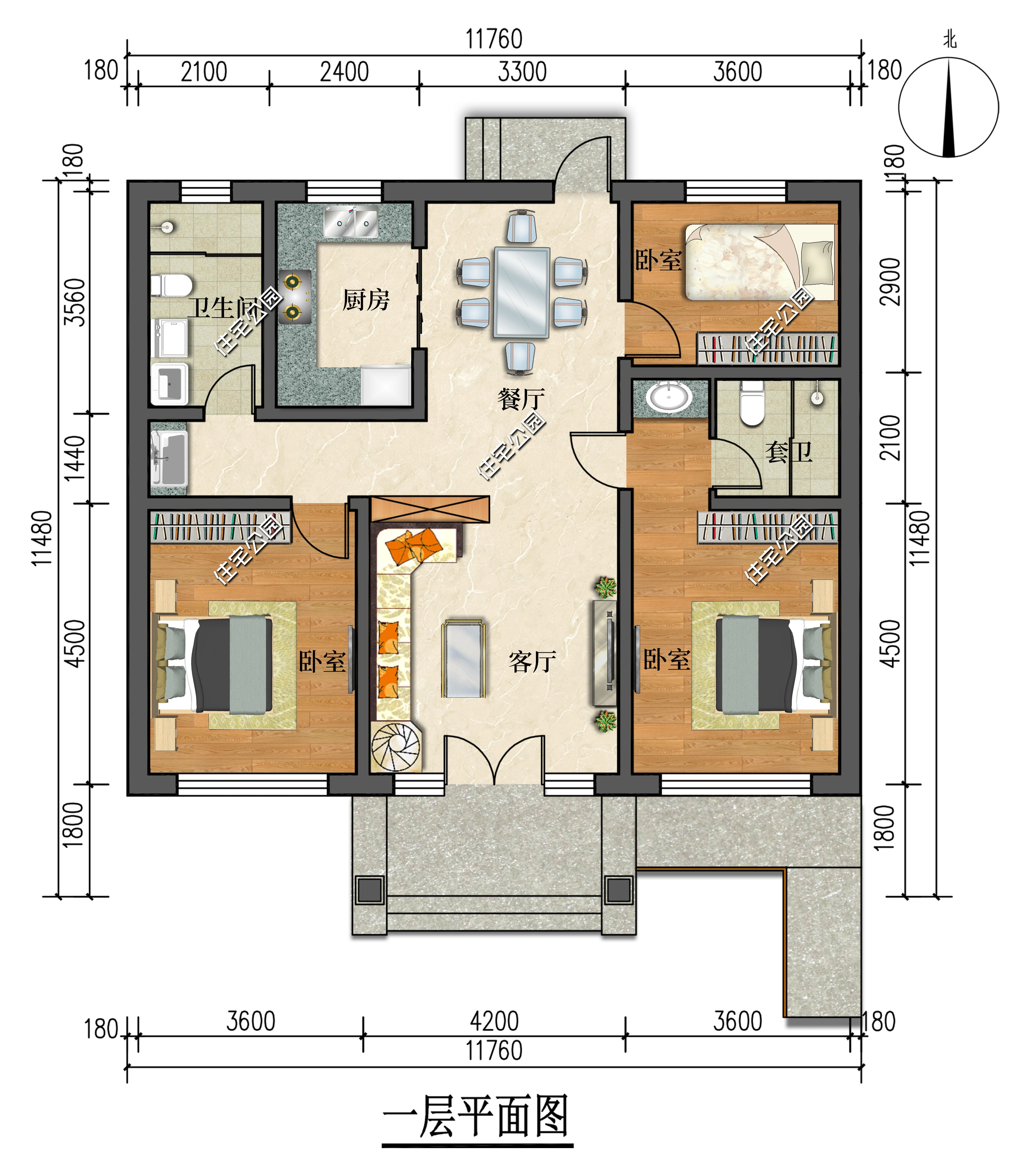 11×11米一层现代小平房,东西墙无窗+南北庭院,更适合北方家庭