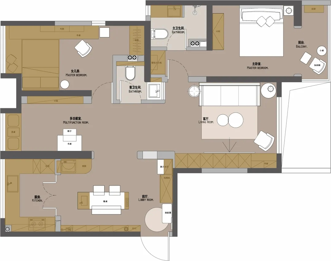 128平现代三居室,半敞半蔽式玄关装修是一大亮点