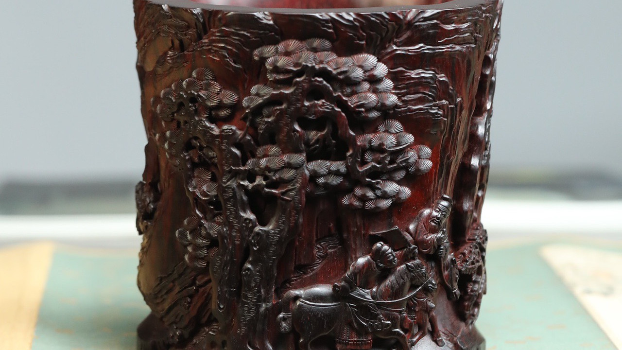 笔筒|文房雅器，小叶紫檀，东山捷报图，笔筒