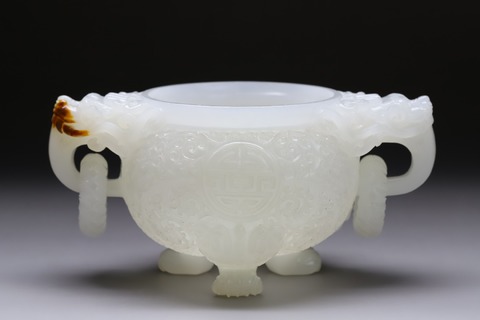 和田玉籽料|舊藏和田玉籽料“螭龙献寿 三足炉”