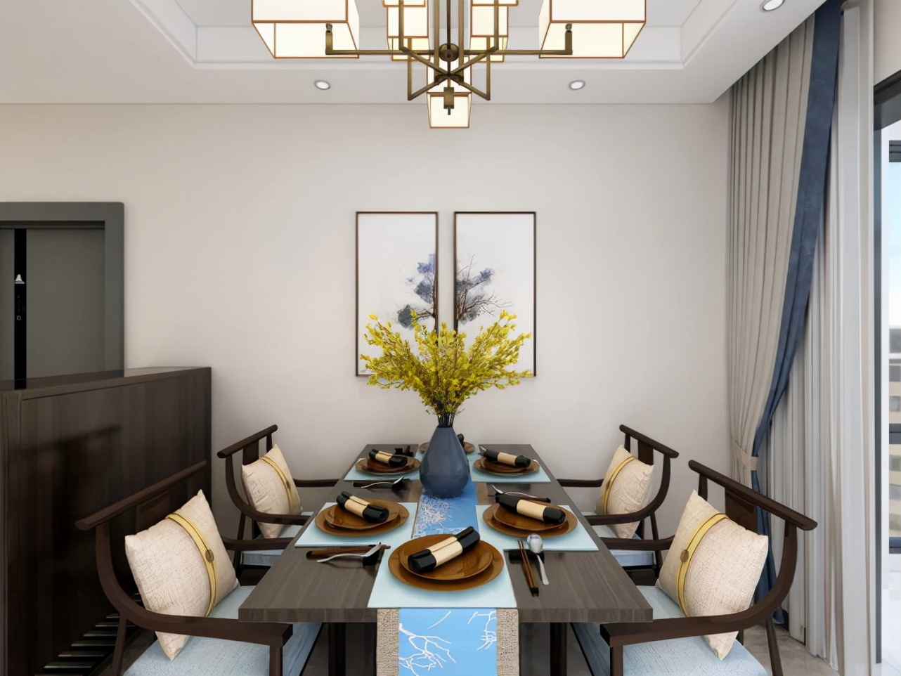 95平新中式二居室,对称、留白、方圆的美展现得淋漓尽致