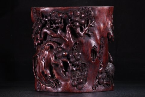 笔筒|【清 老沉香 松鹤延年 文房笔筒】