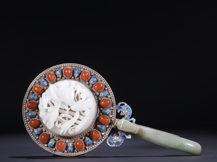 翡翠|旧藏【银烧蓝镶和田玉松石 翡翠龙钩把 手镜】