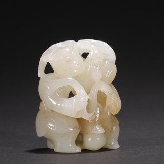 和田玉籽料|和田玉籽料双童献寿雕件