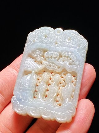 翡翠|清 老坑翡翠 透雕 螭龙纹 松下高士 玉牌 玉珮