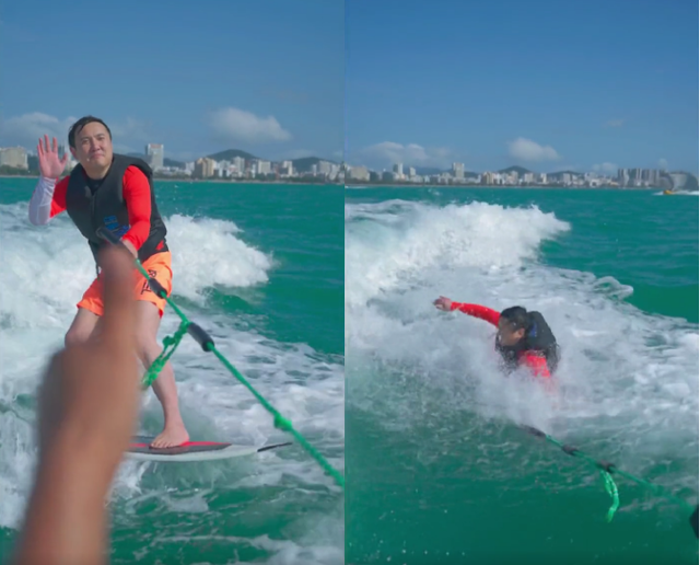 沈腾|42岁沈腾海上冲浪太搞笑！身形摇晃一屁股坐进海里，连摔多次太狼狈