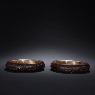 沉香|回流-纯正老沉香蝶花纹手镯一对