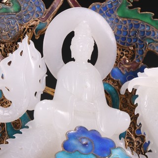 |旧藏 银鎏金镶和田玉御龙观音摆件