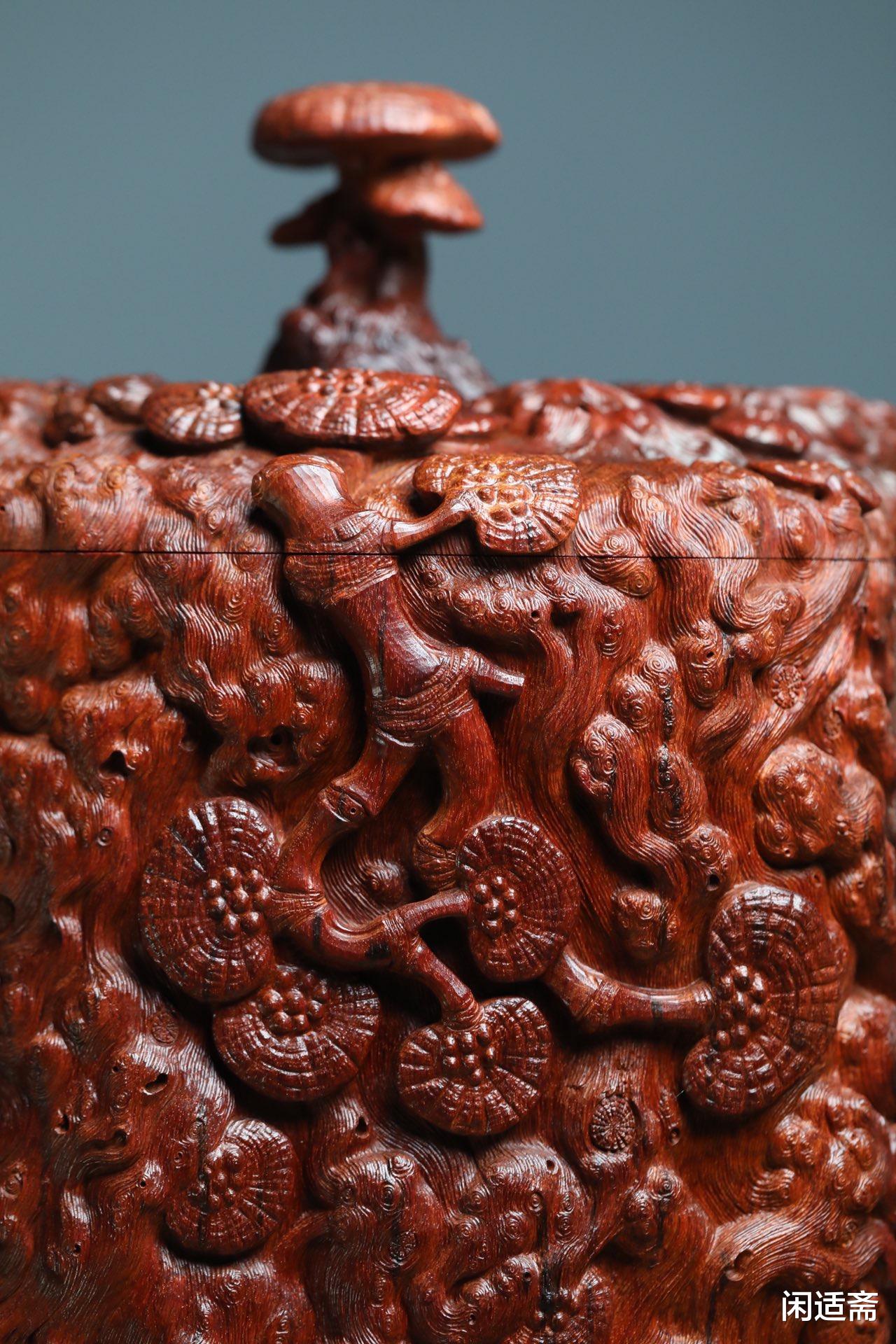 小叶紫檀|茶室清赏，小叶紫檀，满雕灵芝树瘤，大茶仓