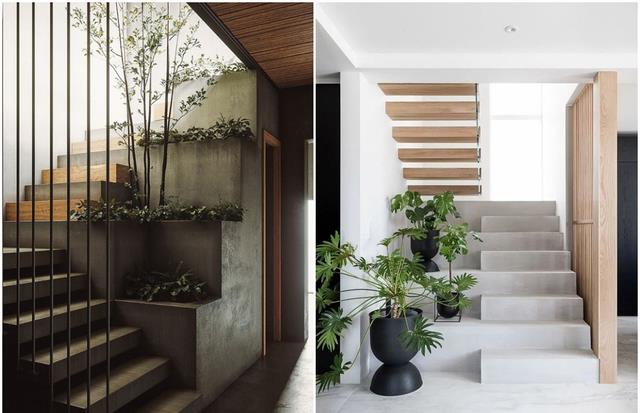 楼梯不装扶手,靠墙一侧用砖砌步入式花坛,一步一景,安全又美观