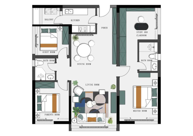 135平现代风四居室,复古绿与暖灰拼接墙面更加灵动有趣
