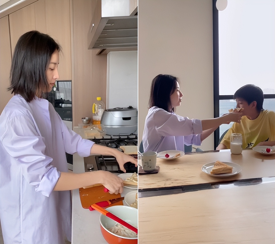 董洁|42岁董洁豪宅中做家务！盘腿坐地上收行李，亲自下厨给儿子做早餐