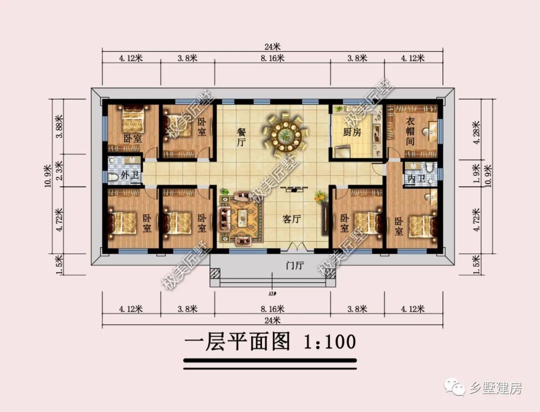 24X10.9米一层欧式也能很精致,方方正正带庭院,简单温馨