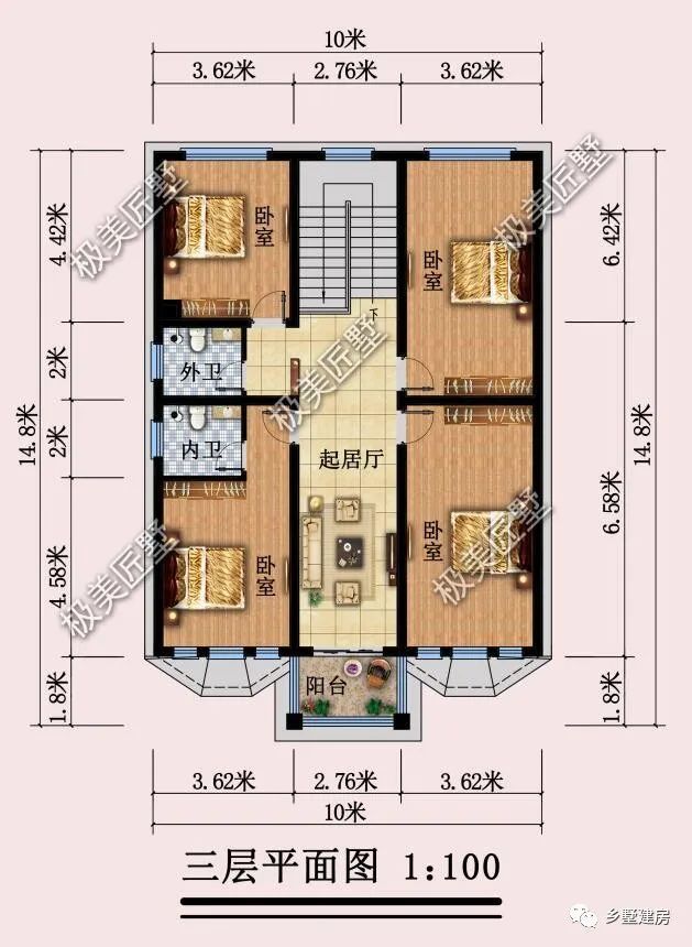 面宽10米的三层别墅，且有一面墙不能开窗，这个设计就不错