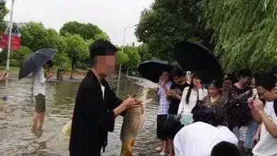 广西暴雨涨水后男子路上捞鱼