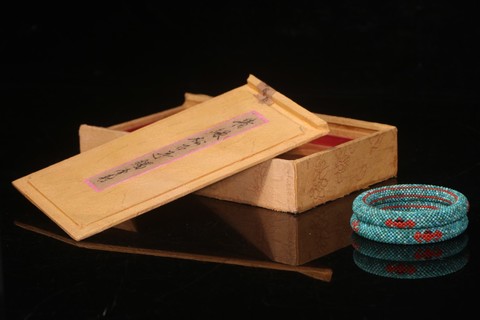 绿松石|清 宫廷风格 老绿松石辑米珠手镯一对