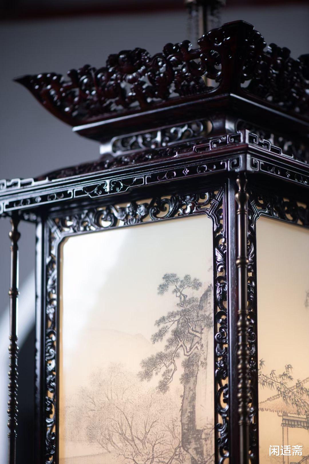 安思远藏款，大红酸枝满雕，中式四方宫廷吊灯