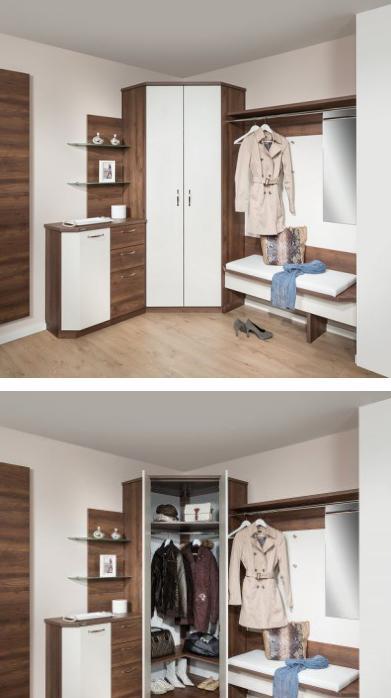 无玄关户型,贴着拐角墙装组合柜,原地多出衣帽间+换鞋凳,实用