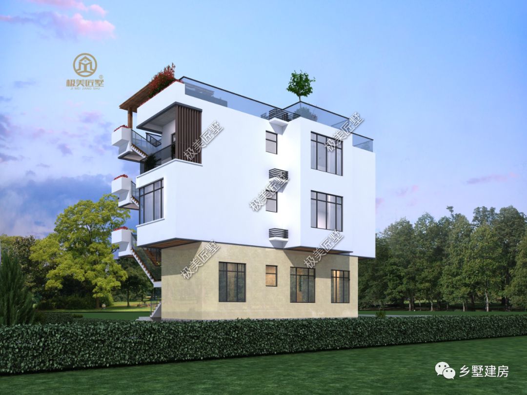 占地尺寸12X10米,三层现代风别墅,简单大气