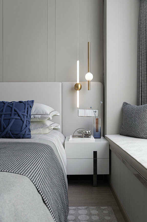 床头早知道就不布置传统床头柜了,延伸衣柜还可梳妆办公一举多得