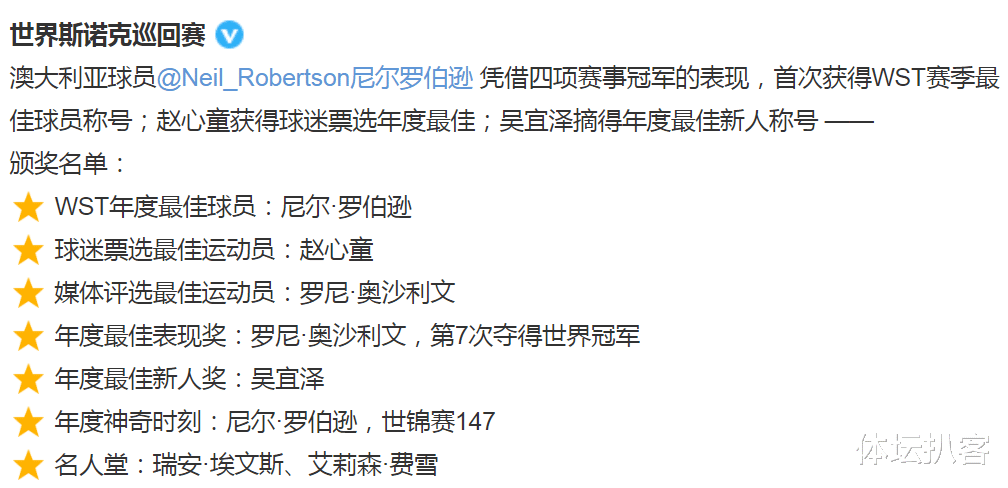 |爆大冷！奥沙利文无缘年度MVP，世界第4首次当选，中国2人获奖