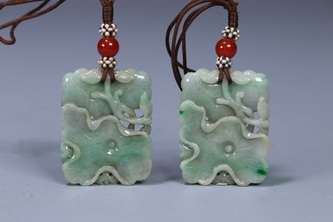 翡翠|回流 老翡翠荷叶牌一对