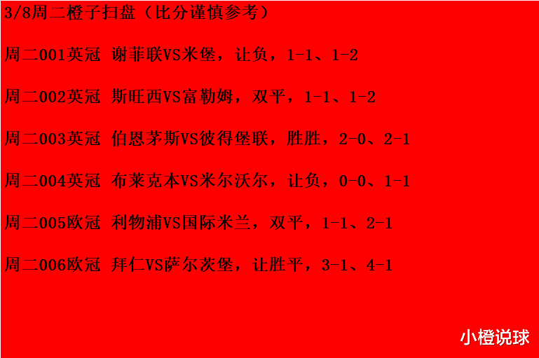 谢维军|3/8周二竞彩:谢菲联VS米堡、利物浦VS国际米兰;附6场扫盘参考