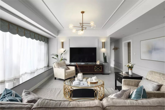 159平美式风四居室,沙发墙的居然是灰蓝色木质屏风