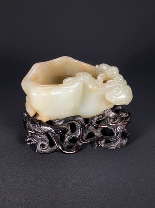 水盂|明 和田玉籽料  白玉 仙童灵芝形 笔洗 水盂