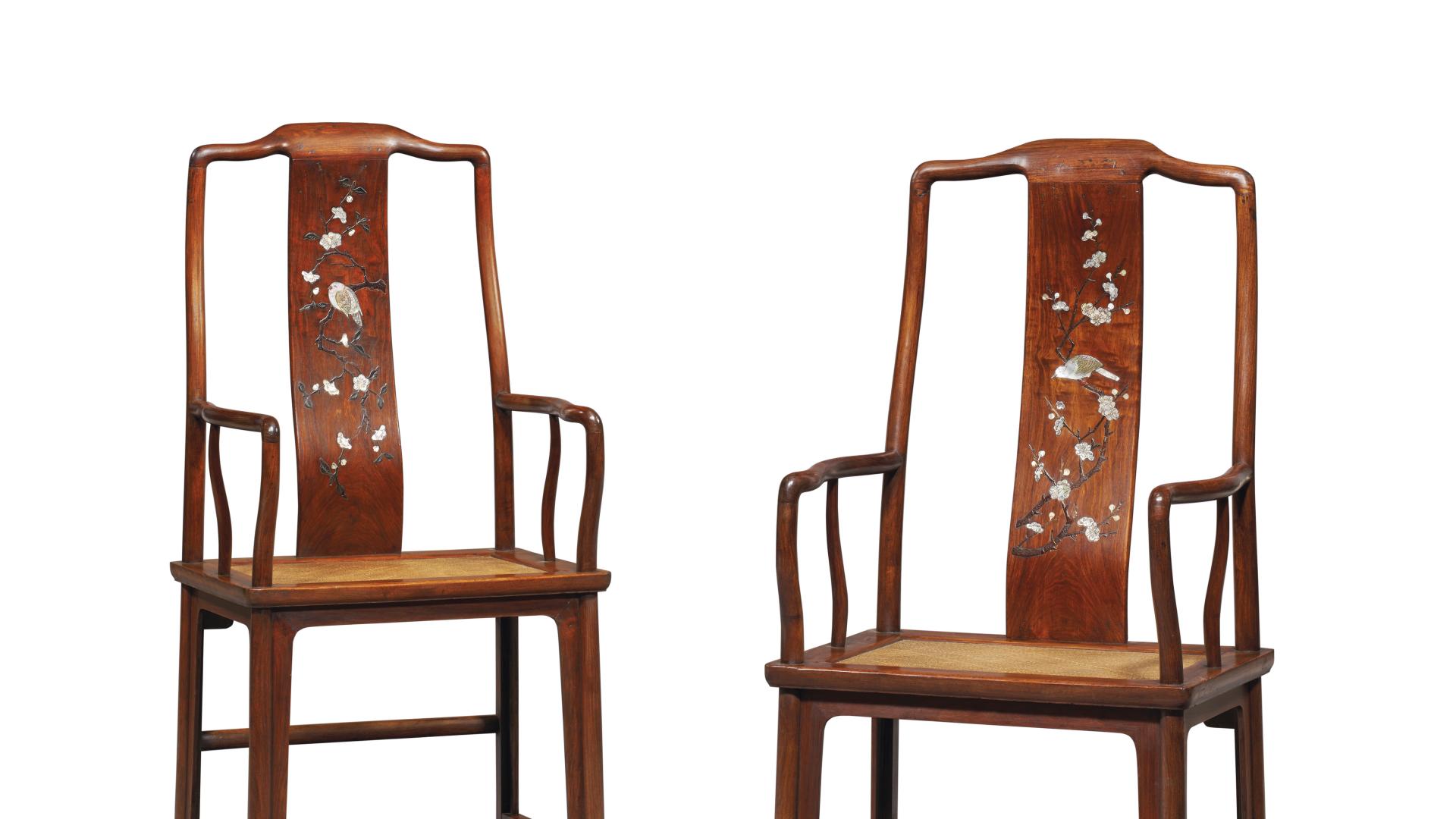 |名副其实高靠背，明黄花梨南官帽椅成对嵌百宝