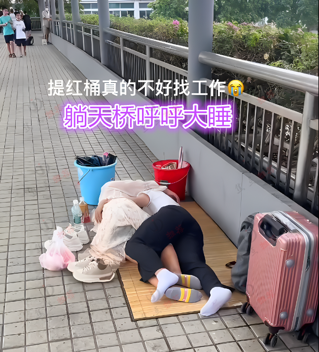 两名女子提桶找工作,要求月薪1万没人用,2人露宿天桥呼呼大睡
