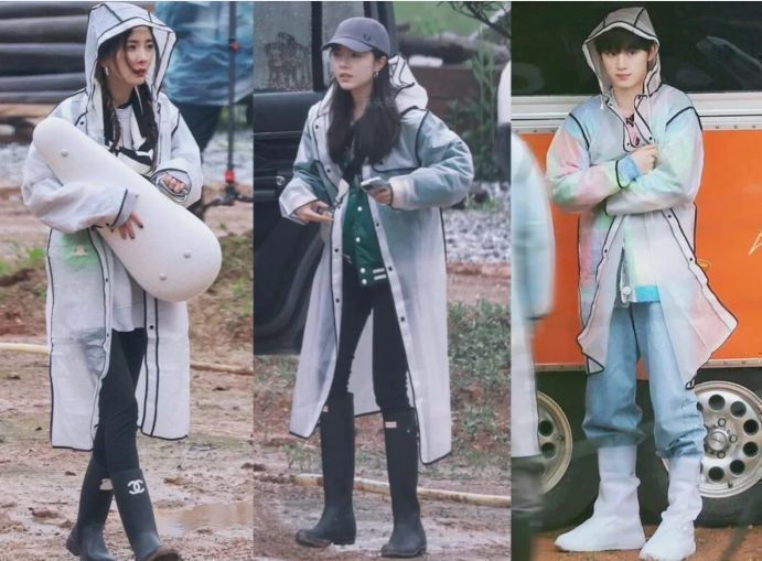 杨幂|《花少4》全员雨衣路透，杨幂表情生无可恋，张凯丽牵小丁好温馨