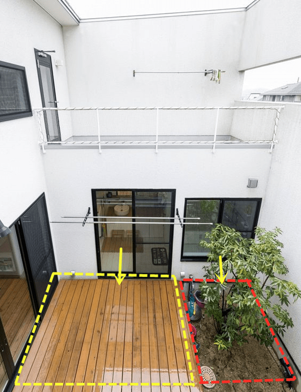 盖房中间围天井，铺上防腐木加上下沉功能区，舒服惬意！