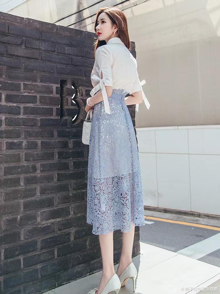 夏日清凉气质穿搭，白色衬衫搭配长款蕾丝半身裙