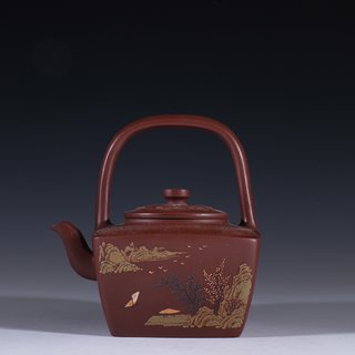 紫砂|回流 紫砂堆雕山水纹提梁壶